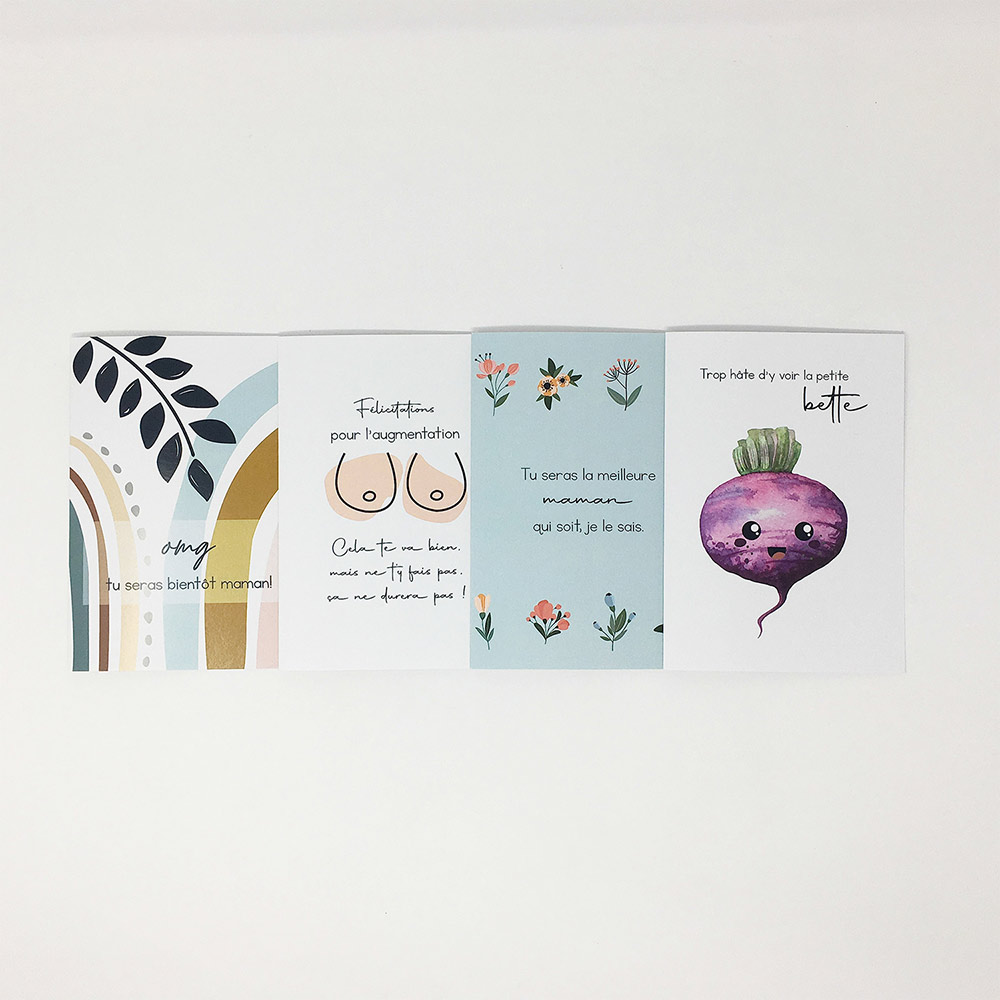 étalage des devantures des 4 modèles de cartes de souhait