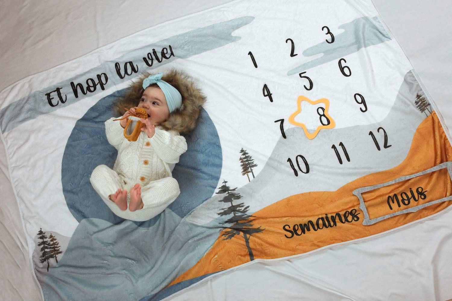 photo mensuelle 8 mois d'une petite fille vêtue de blanc sur couverture à motif de montagnes